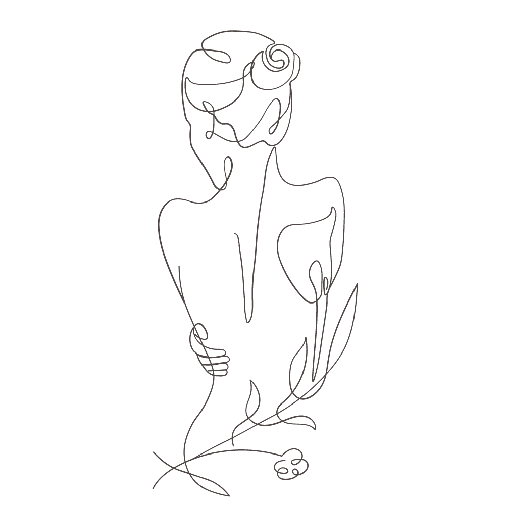 This is a minimalist line drawing of a woman's outline from the back with flowers.