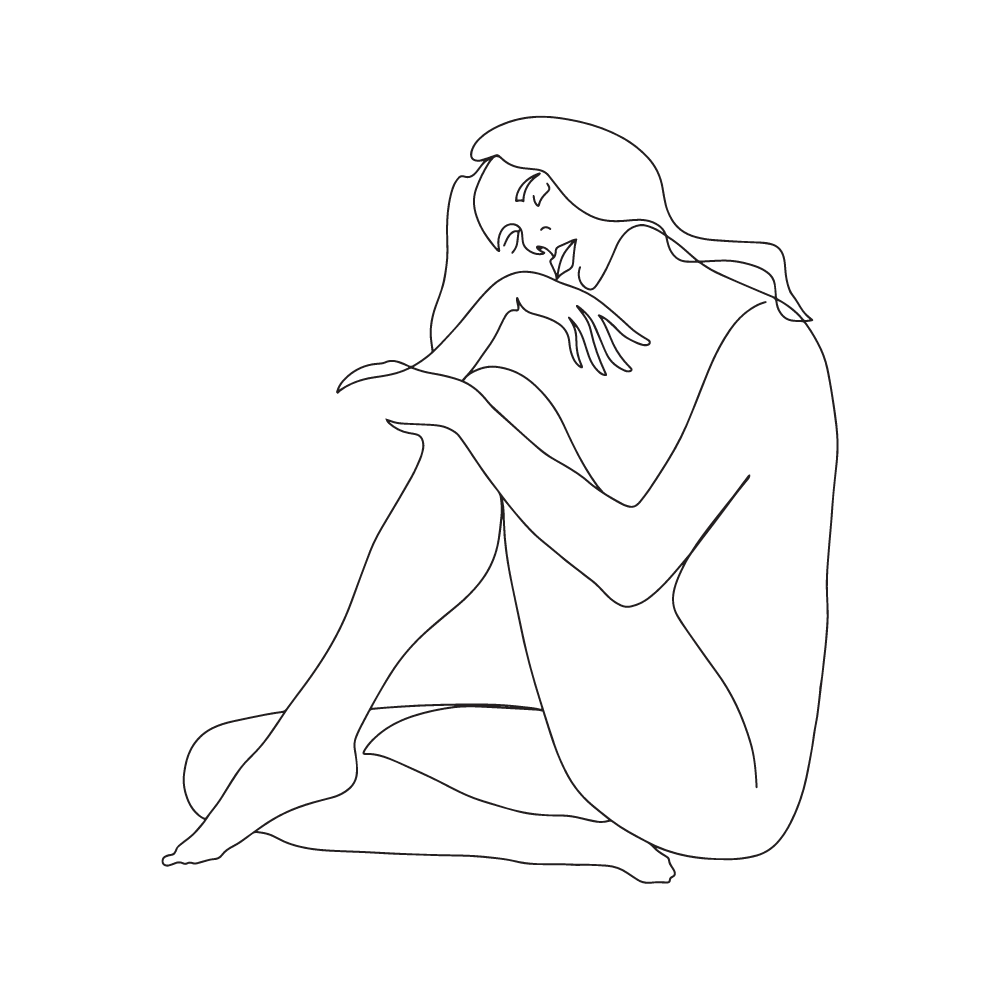 This is a minimalist line drawing of a woman sitting with her legs crossed with one knee bent.